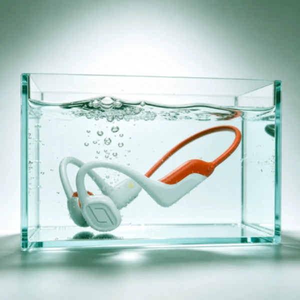Submersion waterproof testing for YONGYUNG open-ear OWS headphones, demonstrating IPX8 sweat and water resistance.