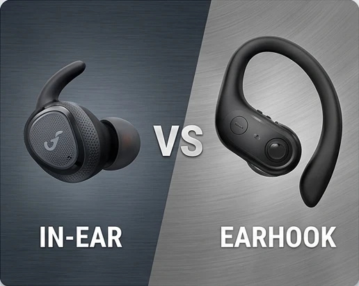 Comparison of YONGYUNG in-ear and earhook headphones for sports.