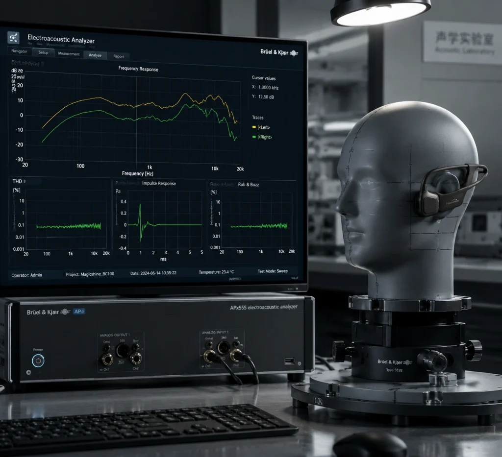High-precision electroacoustic analysis setup used to verify audio output curves in a bone conduction manufacturing facility.
