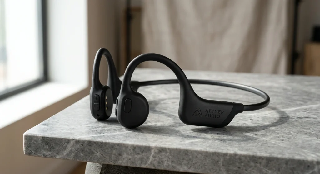 Professional studio product presentation / clean matte sports headset / showcasing premium retail branding options for European Amazon sellers Best bone conduction headphones for Amazon sellers showcased in a professional product shot