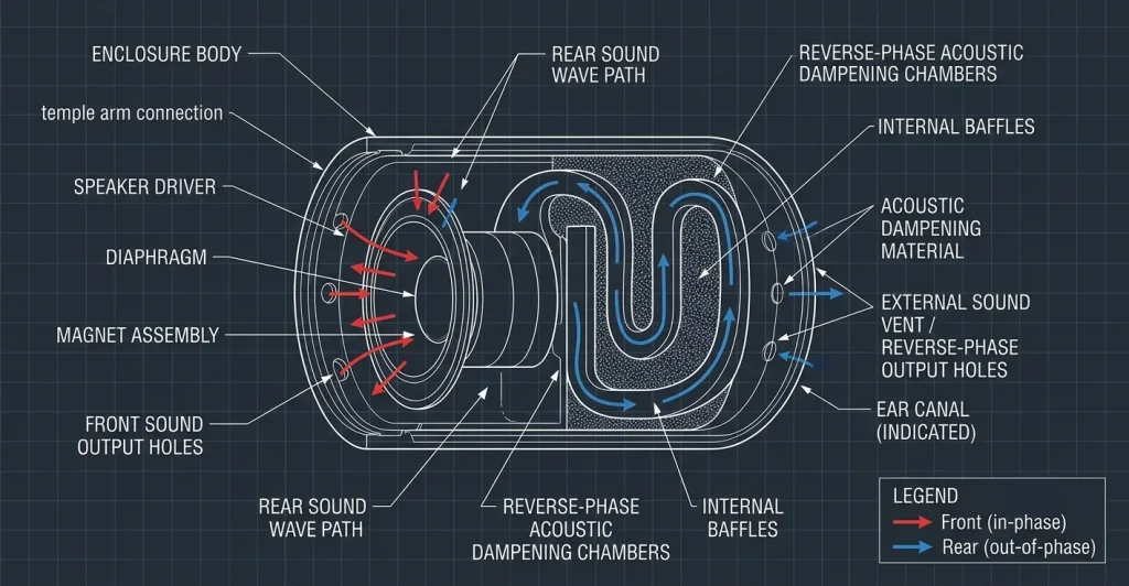 Internal cutaway diagram demonstrating reverse-phase acoustic leakage suppression chambers for open-ear headphones
