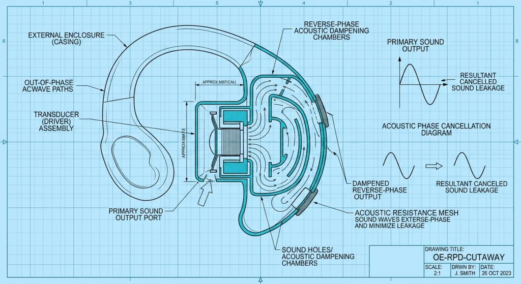 Internal cutaway diagram demonstrating reverse-phase acoustic leakage suppression chambers for open-ear headphones