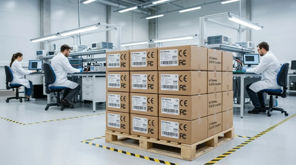Neatly packed export cartons with compliance labels inside a certified open-ear headphone manufacturing facility
