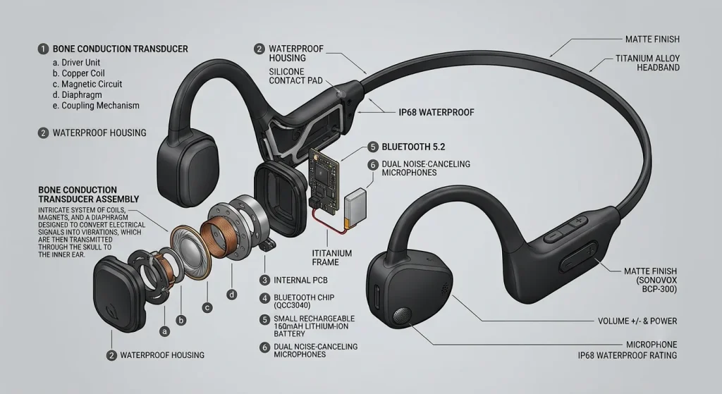 Structural layout displaying acoustic transducer assembly and matte chassis for audio sourcing
