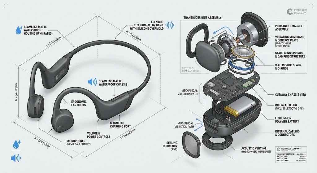 Structural layout displaying acoustic transducer assembly and matte chassis for audio sourcing