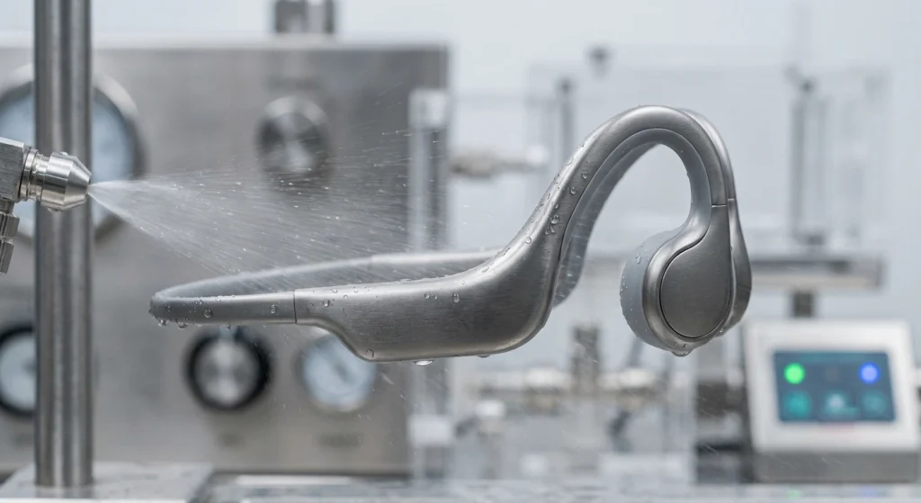 Industrial close-up of a premium open-ear sports headphone undergoing sealing durability testing to verify high-grade waterproof ratings for aquatic use.
