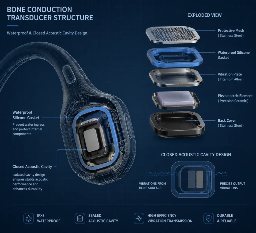 Detailed technical illustration of a bone conduction headphone transducer showing the internal physical waterproof seals.