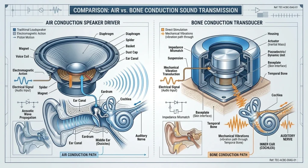A professional visual reference detailing the structural mechanics of bone conduction transducers compared with air conduction dynamic drivers for brand manufacturing analysis. Technical diagram from a bone conduction headphone manufacturer comparing transducer mechanics with air conduction drivers.