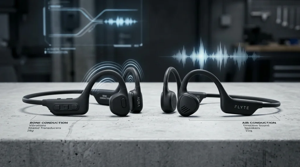 Technical comparison between open-ear air conduction and bone conduction headphones for B2B procurement catalog.