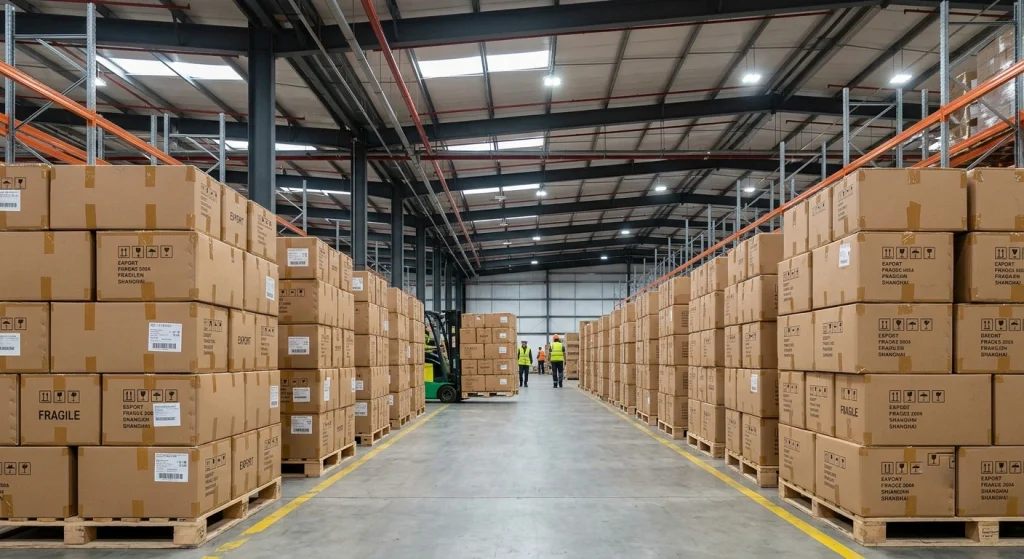 Row of neatly sealed export cartons stacked inside a logistics area prepared for international maritime and air transit to fulfill OEM procurement orders.