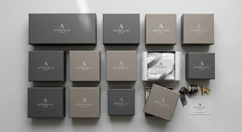 Close-up detail / custom branded retail gift boxes with crisp logo placement / displaying professional private label packaging for US e-commerce merchants