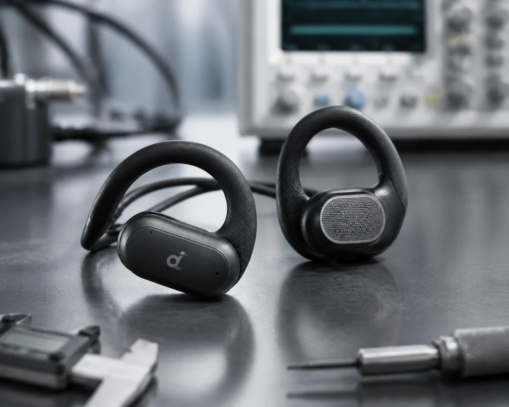 Modern wireless sports earphones on testing equipment for quality verification Professional manufacturing solutions for your sports headphones brand