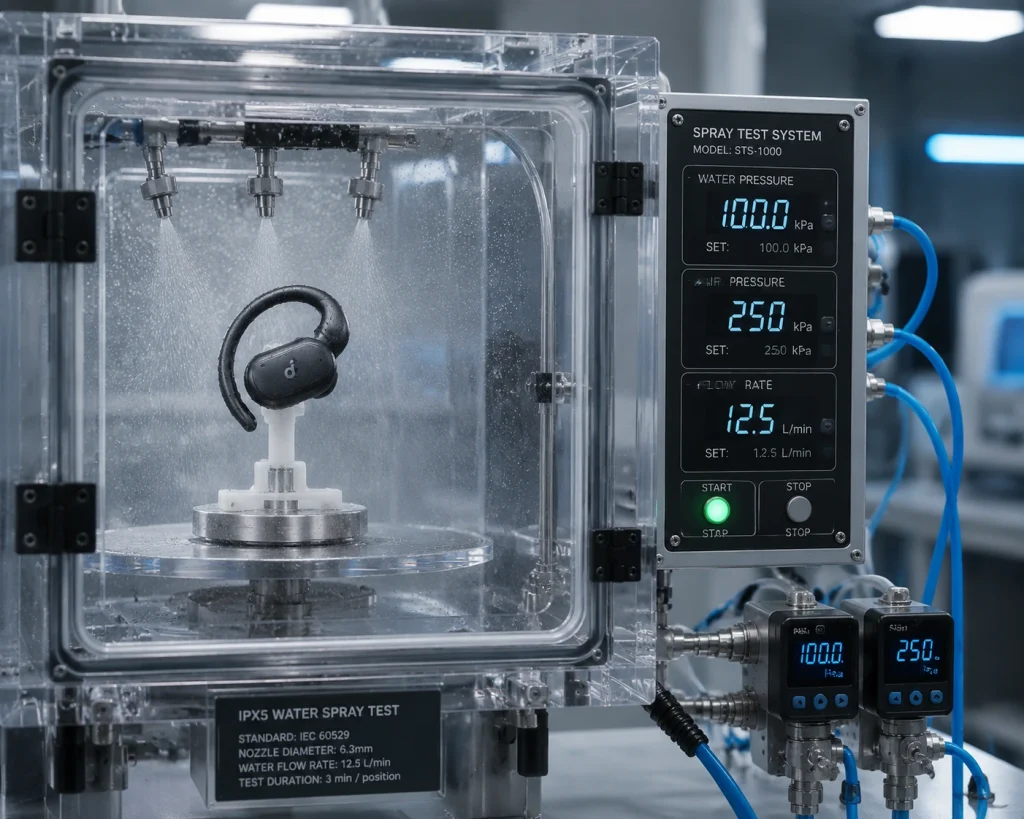 Mechanical water spray testing for verifying ingress protection ratings of active audio hardware