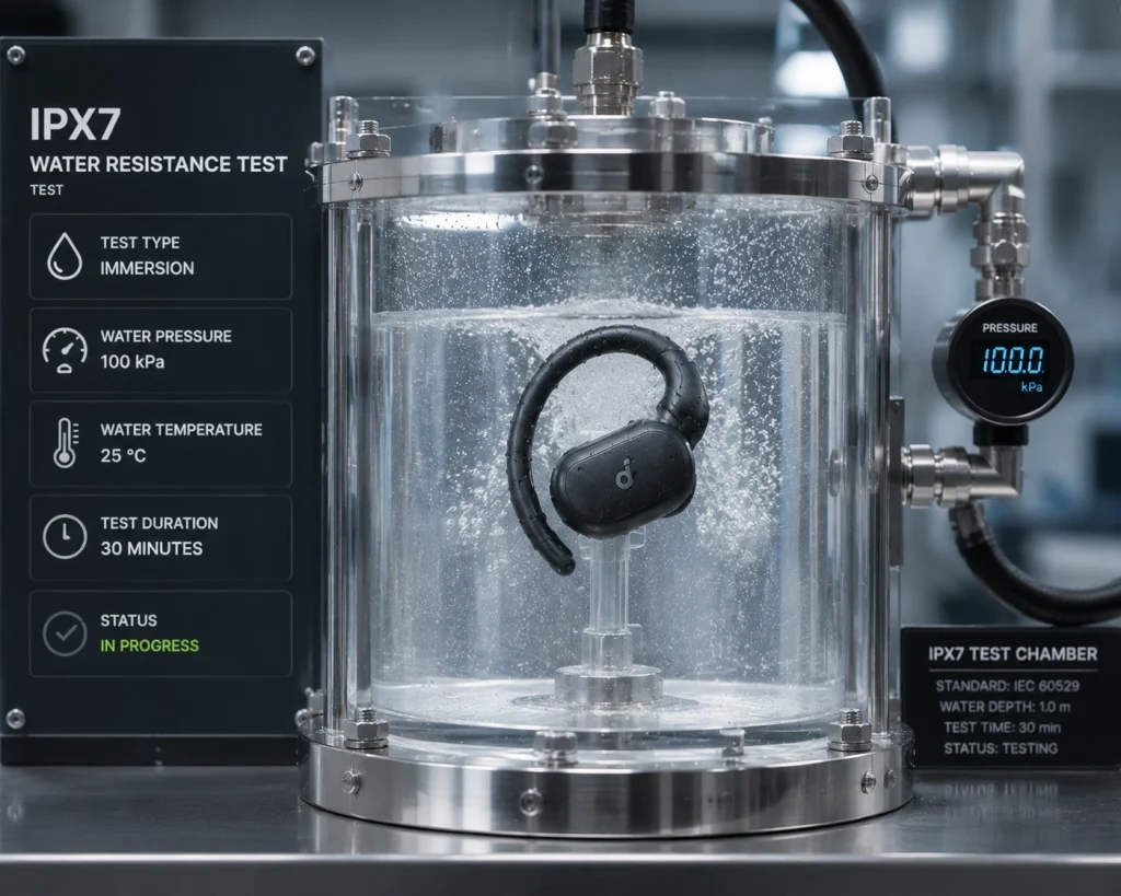 Technical waterproof ingress protection testing of sports audio hardware