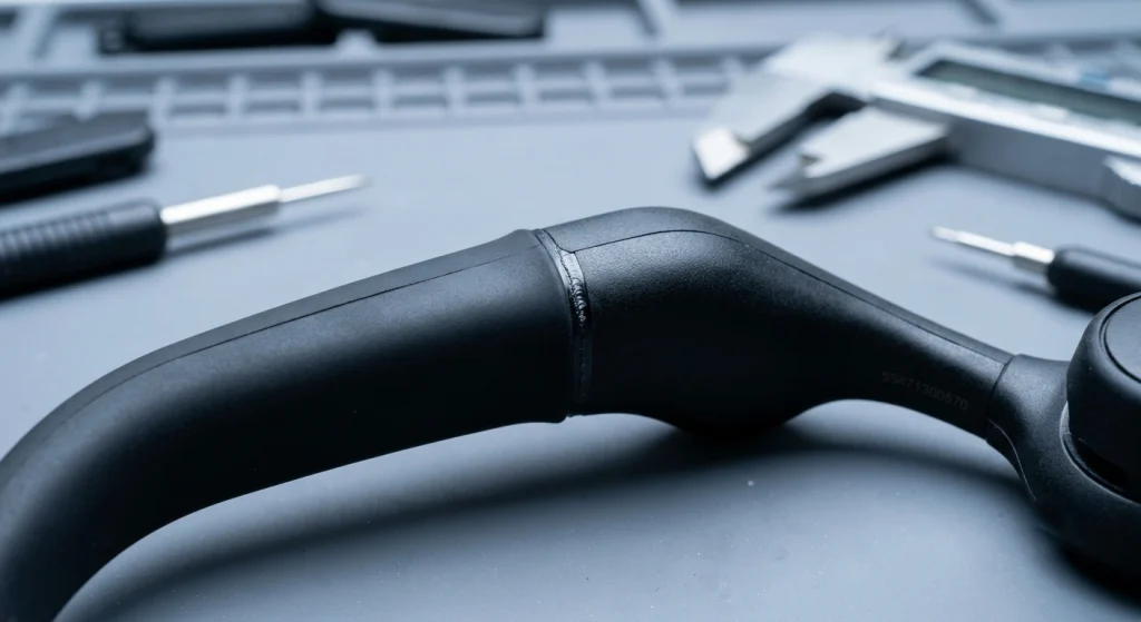 Close-up view of liquid silicone overmolding and seamless chassis seal for IPX8 audio equipment