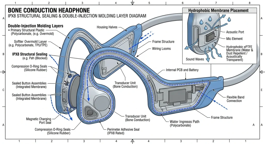 Technical diagram illustrating IPX8 waterproof sealing and double injection molding for bone conduction sports earphones