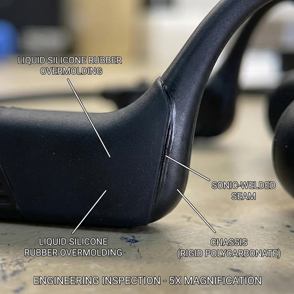 Close-up view of liquid silicone overmolding and seamless chassis seal for IPX8 audio equipment