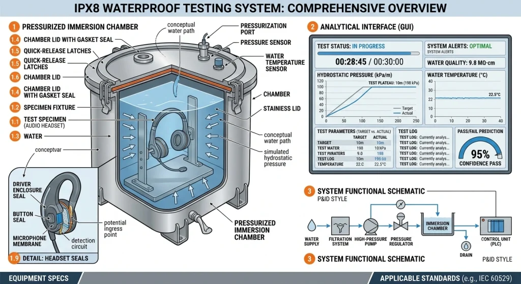 Submerged audio device / water resistance verification / durability testing