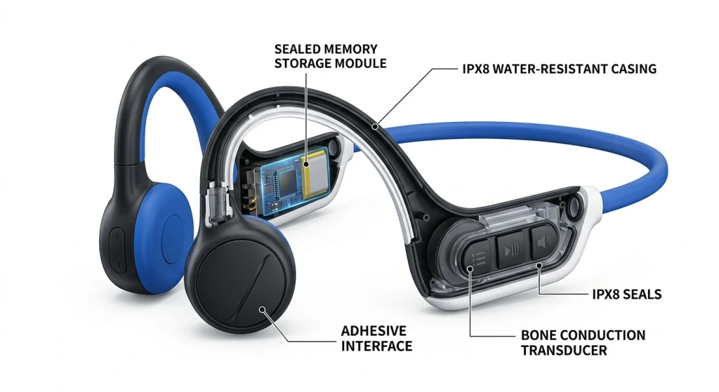 Internal structural design of swimming headphones with IPX8 protection