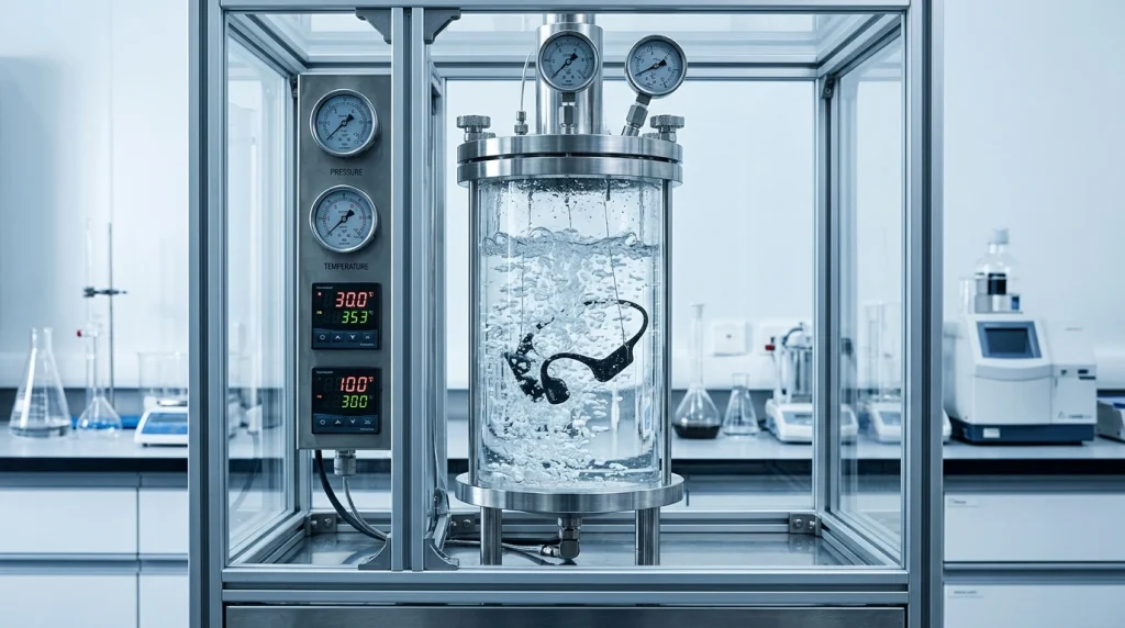 Acoustic device underwater / bone conduction headset submerged in a pressurized testing container / verifying IPX8 waterproof compliance for sports audio suppliers