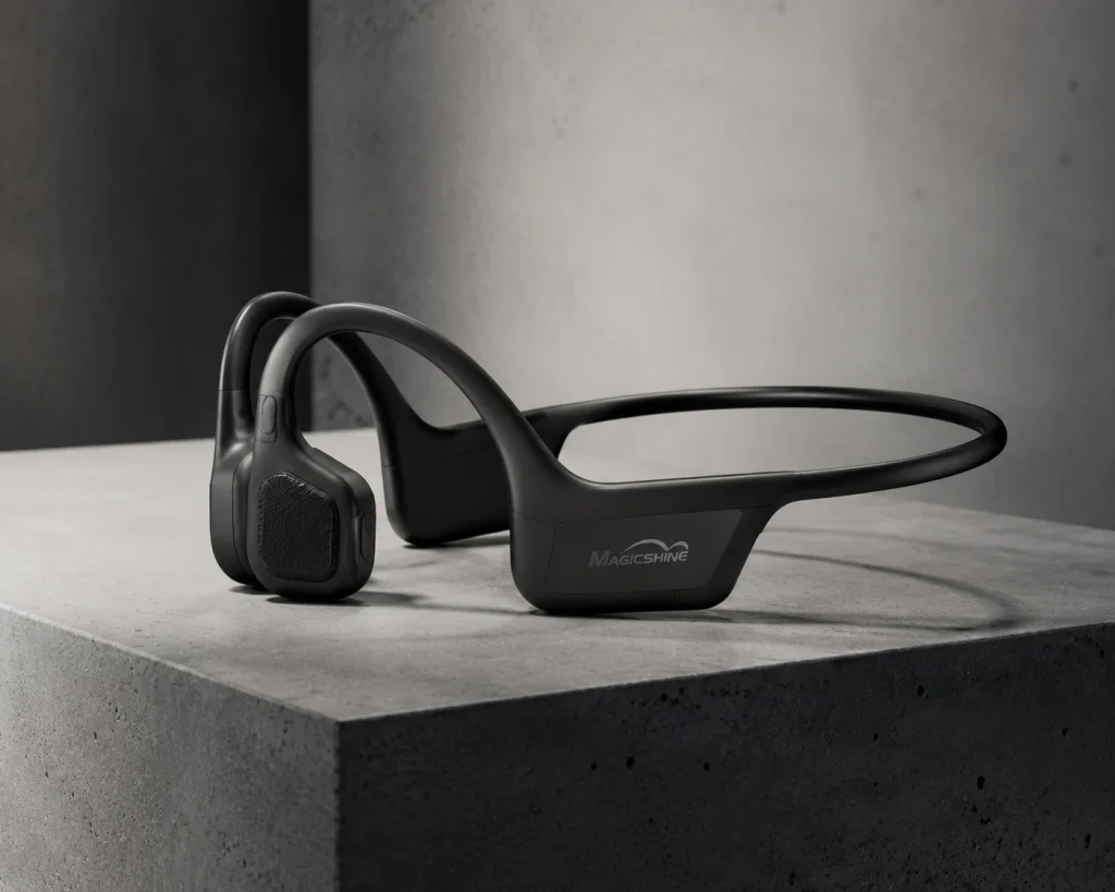Sleek matte black bone conduction headphones designed for export-ready B2B buyers and brands.OEM bone conduction headphones showcase for retail brands and importers