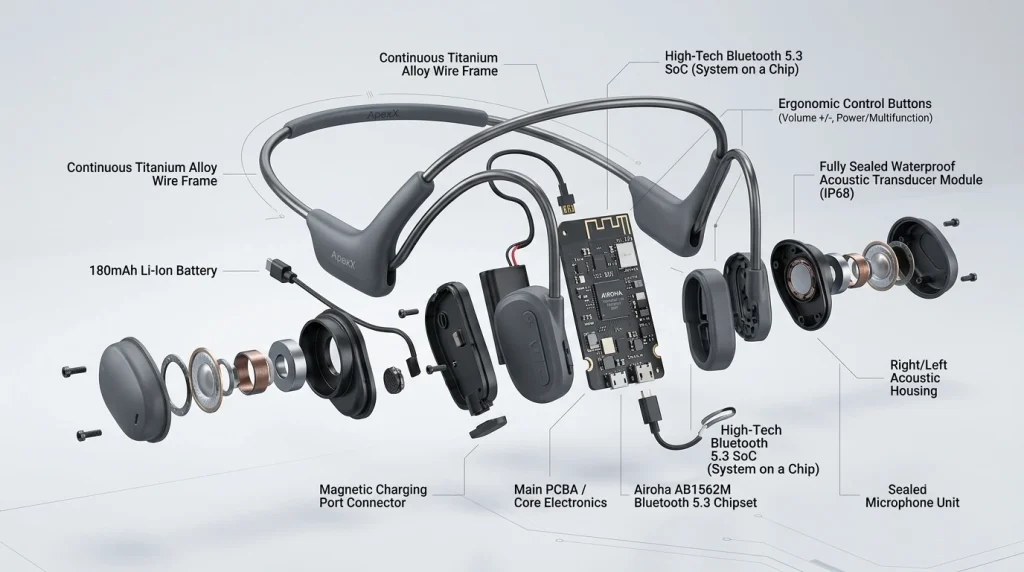 Exploded view of OEM bone conduction headphones displaying the internal titanium alloy wire frame, waterproof acoustic transducer, and Bluetooth chip by a professional manufacturer.