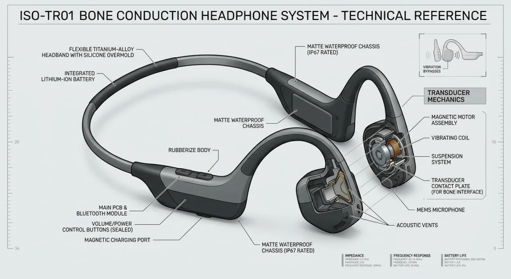 Bone conduction headphone layout showing OEM tooling chassis and transducer assembly for audio brand sourcing Technical blueprint of an OEM headphone chassis produced by a certified bone conduction headphone manufacturer.