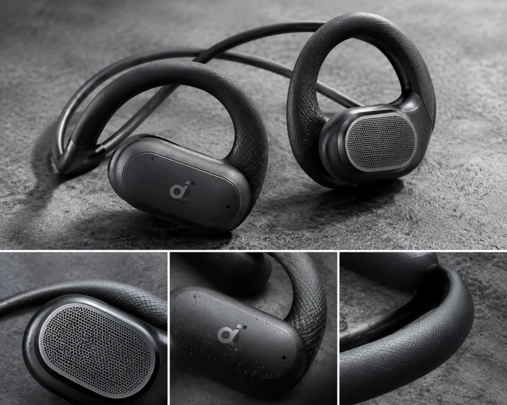Open-ear wireless athletic headphones showing textured silicone neckband and acoustic transducer mesh housing Essential features of sports headphones for B2B buyers