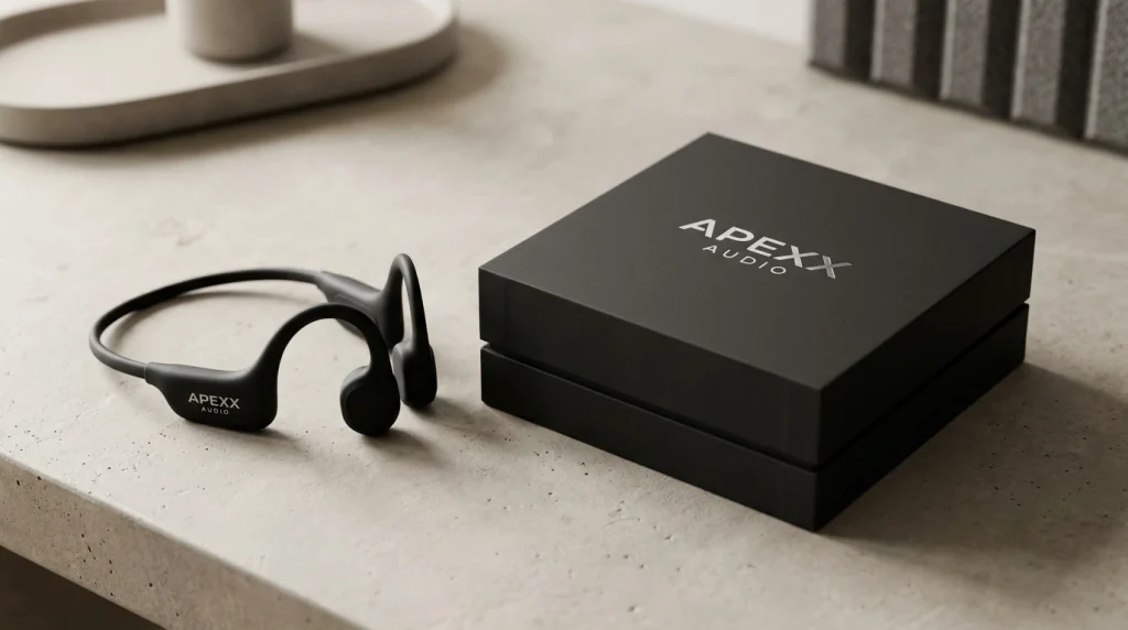 Custom private label bone conduction headphones with elegant retail packaging box design for Amazon FBA sellers.