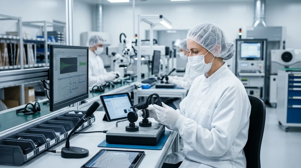Professional quality control inspection process of private label bone conduction headphones at a reliable manufacturing factory for Amazon FBA sourcing.
