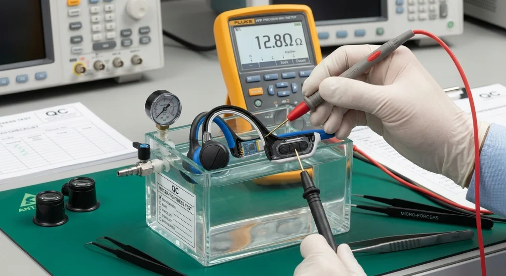 Precision water-tightness testing for swimming headphones