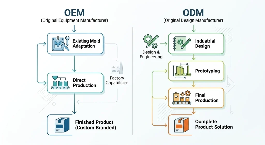A comparison diagram showing the streamlined workflow of OEM versus the design-heavy process of ODM manufacturing for audio electronics
