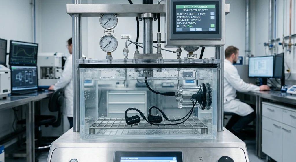 Professional industrial pressure testing equipment used to verify the waterproof integrity of swimming headphones