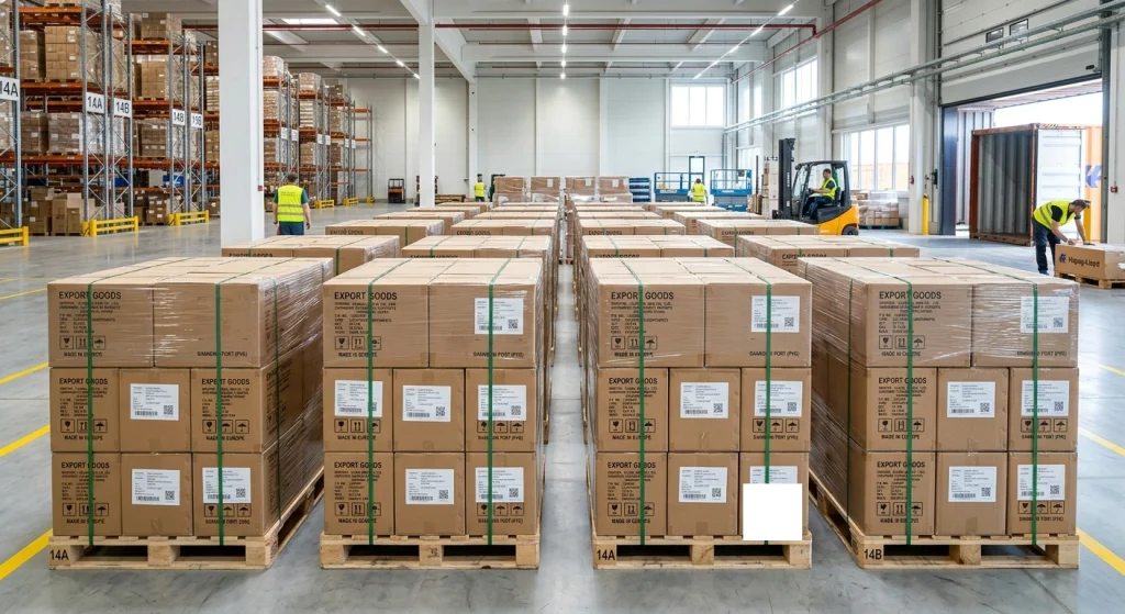 Export cartons arranged on pallets / international shipping preparation / supply chain logistics