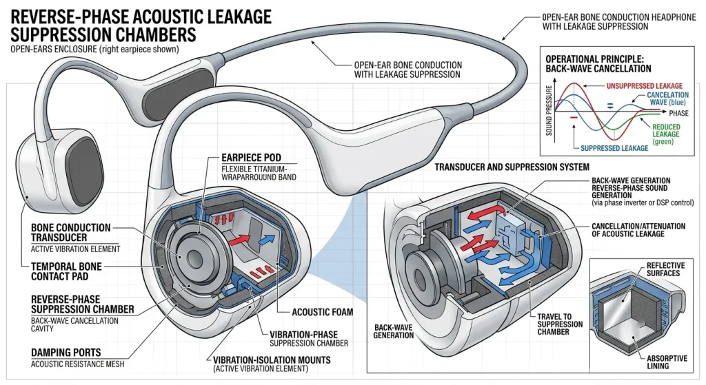 Cutaway diagram illustrating reverse-phase acoustic leakage suppression chambers in open-ear headphone enclosures