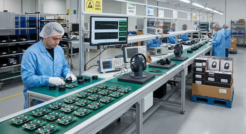 Audio products manufacturing line and component assembly setup