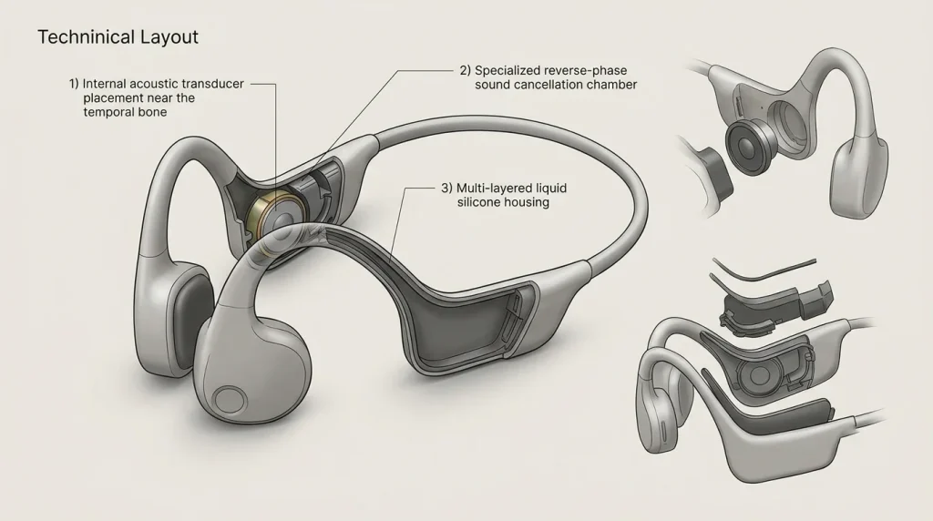 Internal acoustic transducer assembly and sound leakage cancellation chamber layout for bone conduction headphones