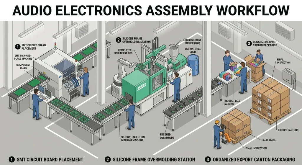 Industrial cost allocation diagram showing SMT assembly and component minimums for audio sourcing