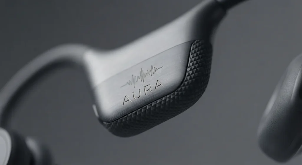 Close-up detail of laser etched brand logo on flexible earhook of sports headphones