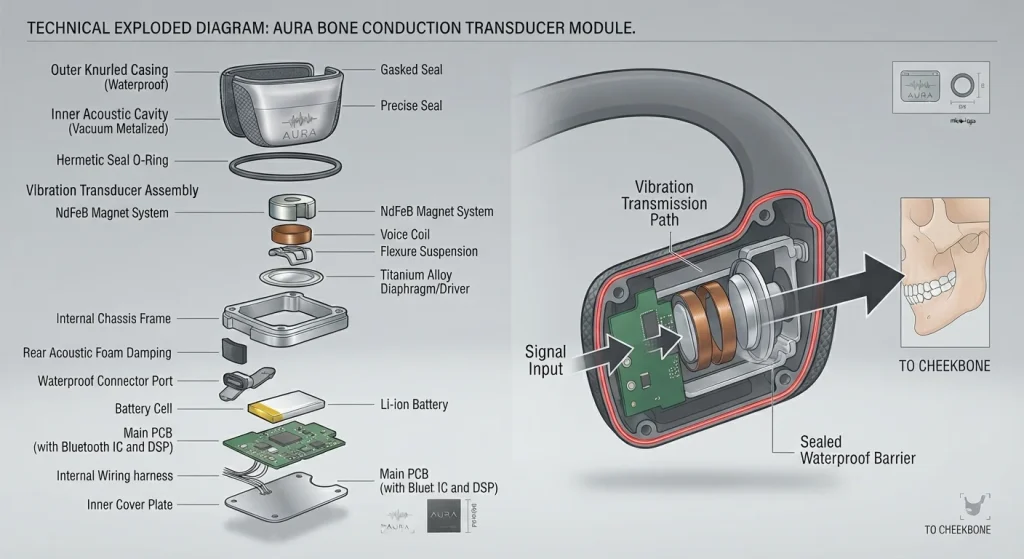 Visual reference showing internal transducer placement and sealed waterproof structure of open-ear audio headphone