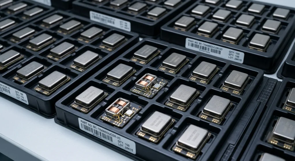 Precision transducer component trays prepared for automated SMT line integration