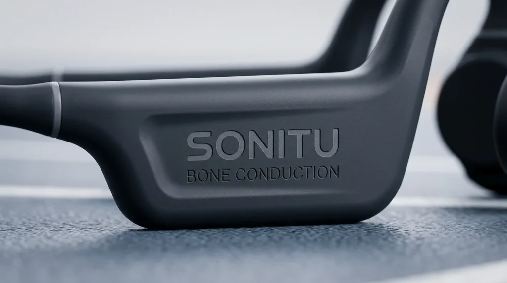 Laser-etched custom logo detail on matte liquid silicone frame for bone conduction headphones private label orders