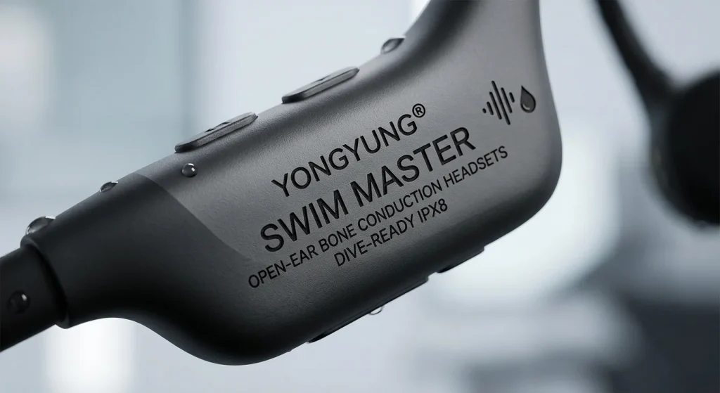 Laser-etched brand logo detail on liquid silicone neckband of swimming headphones