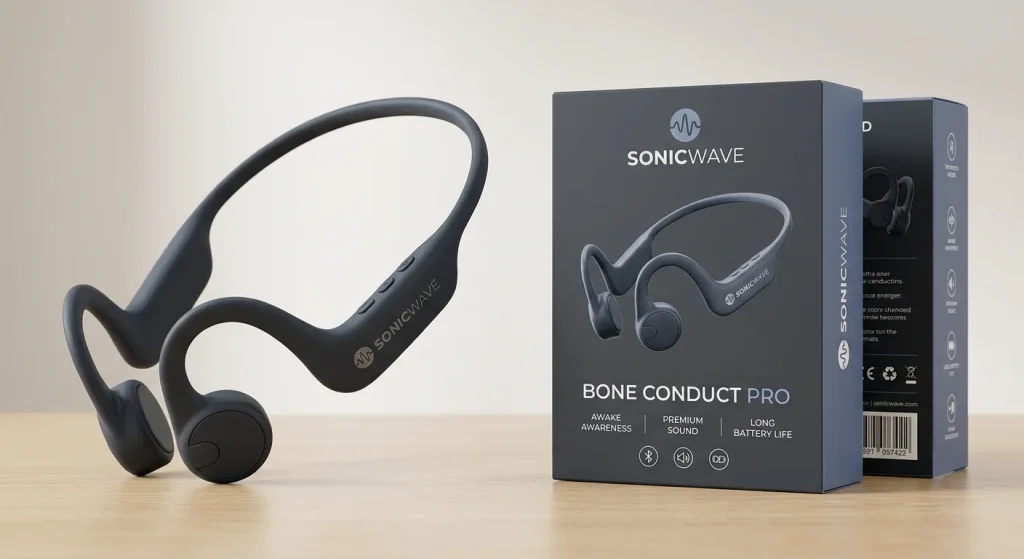 Laser engraved logo on silicone headphone frame alongside custom retail box packaging