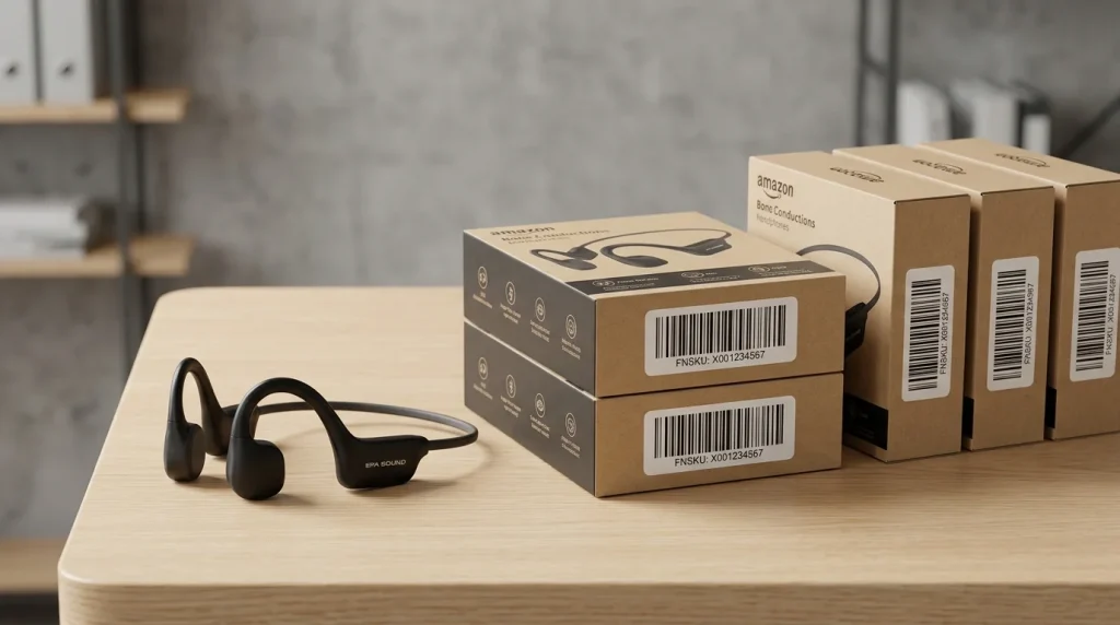 Amazon FBA ready open-ear bone conduction headphones with FNSKU barcode labeling