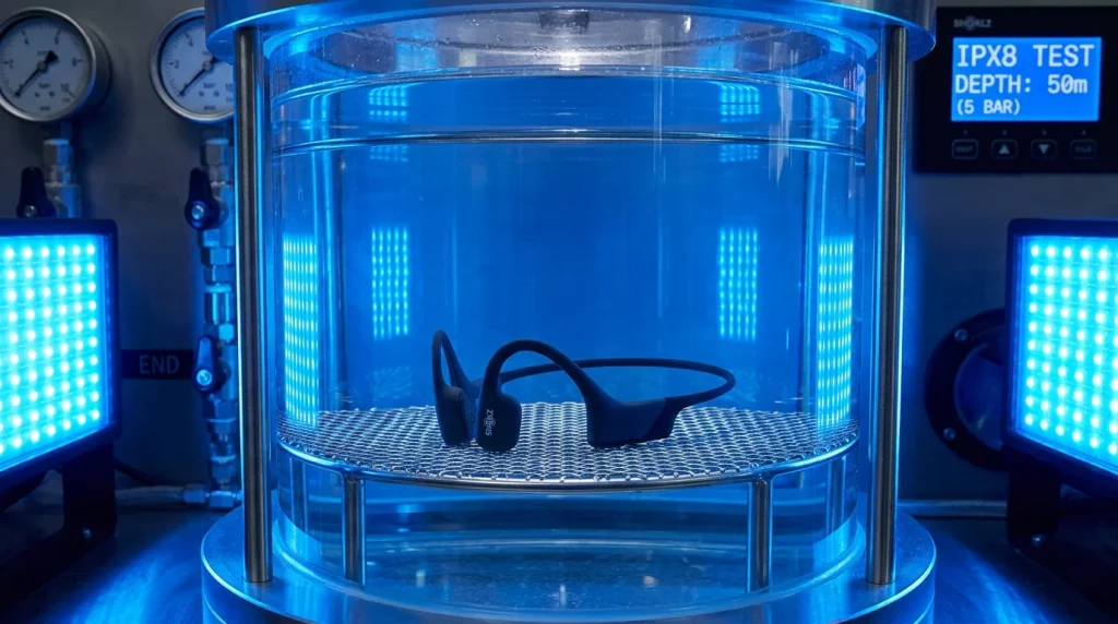 IPX8 waterproof bone conduction headphones undergoing submerged hydraulic pressure testing for bulk quality assurance