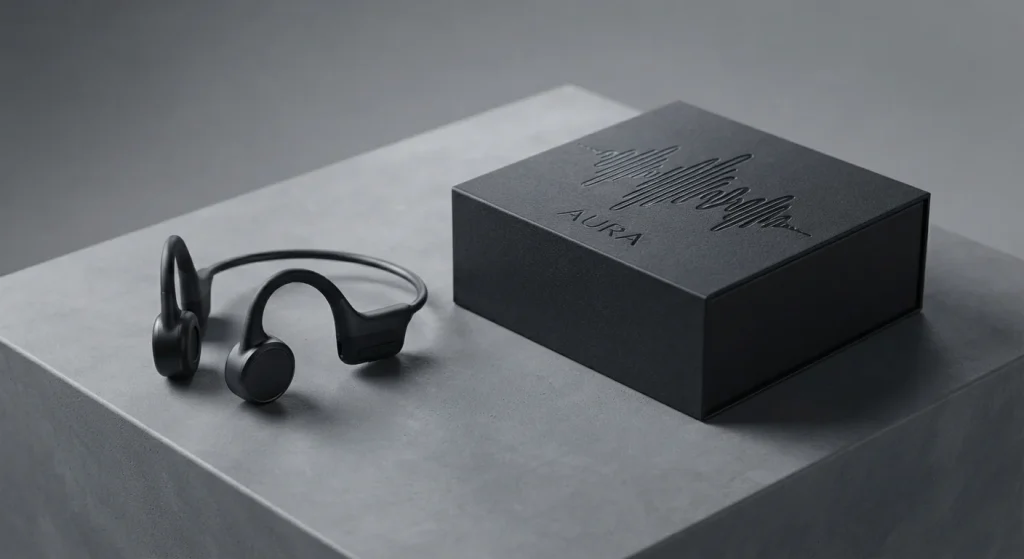 Sleek black bone conduction headphones positioned next to a customized branded retail gift box
