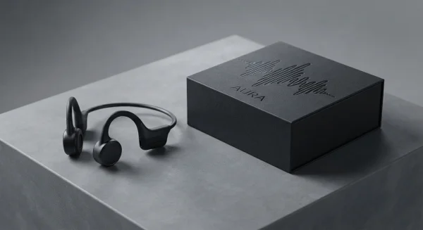 Sleek black bone conduction headphones positioned next to a customized branded retail gift box