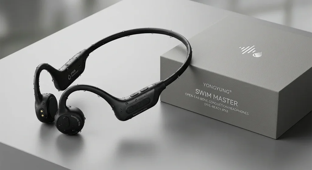 Private label swimming headphones displayed alongside custom retail gift box packaging