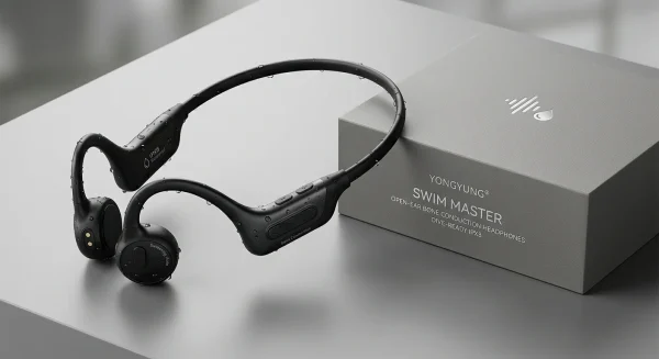 Private label swimming headphones displayed alongside custom retail gift box packaging